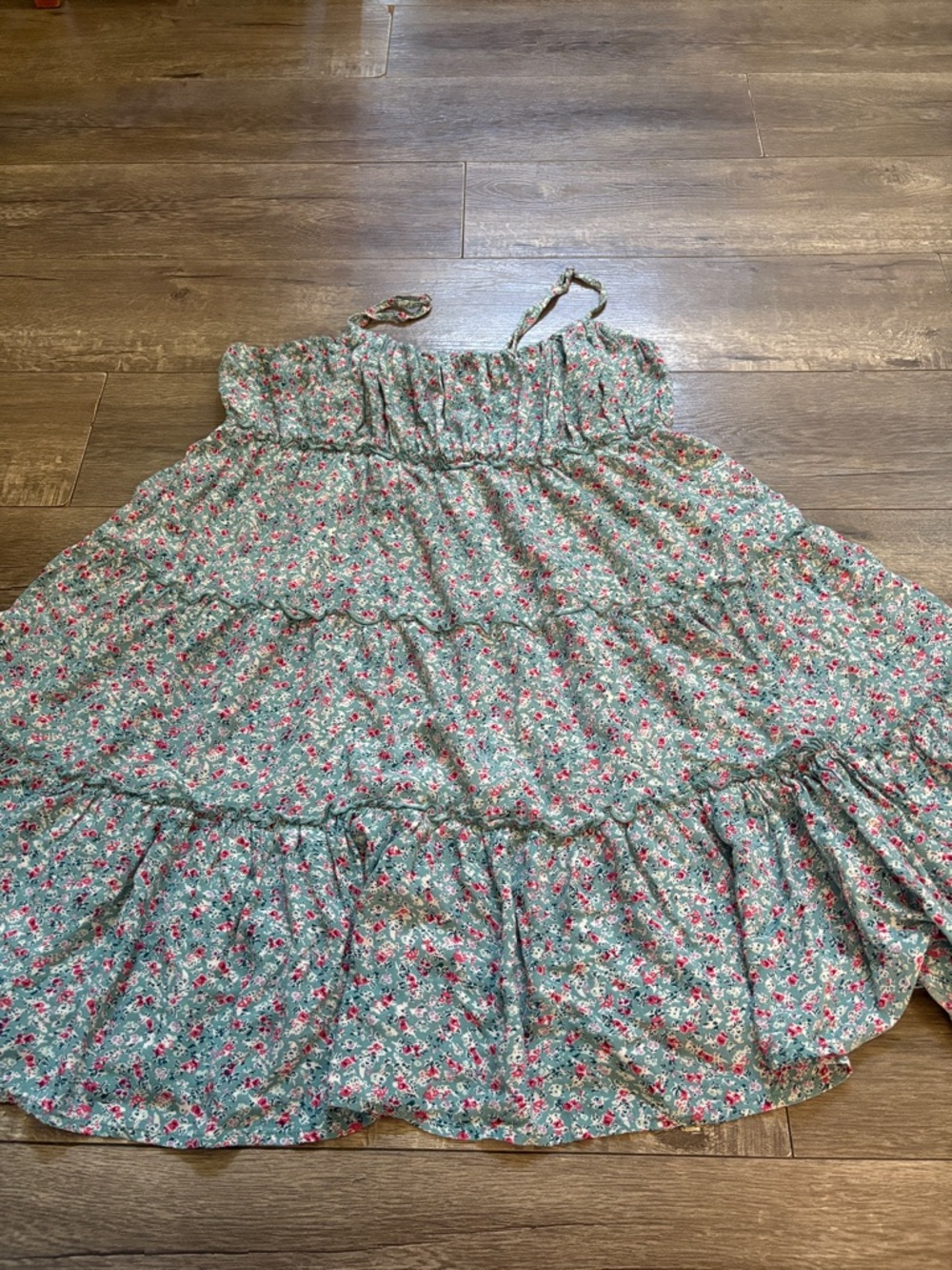 Lucky Brand Green Floral Tiered Sundress with Pink Flowers